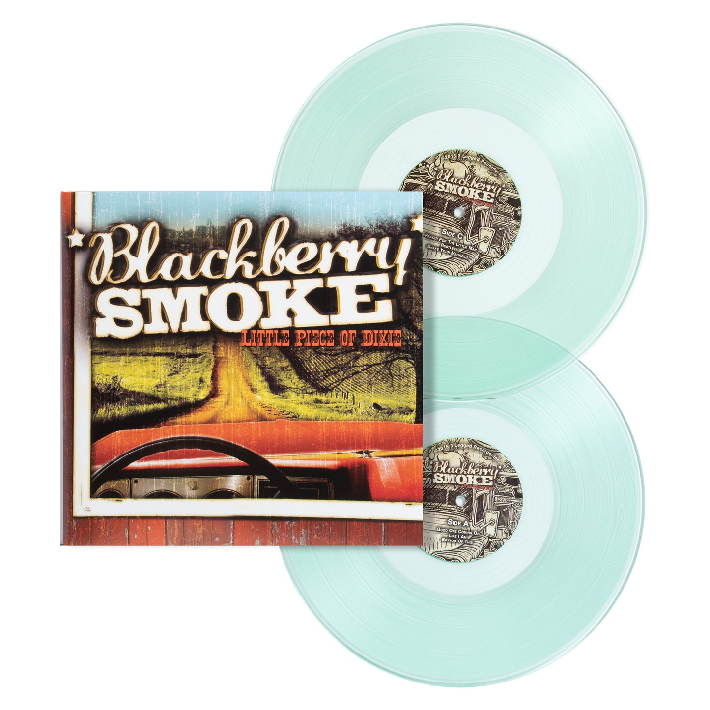 Limited edition clear vinyl records for the album 'LITTLE PIECE OF DIXIE' by Blackberry Smoke, with a bonus track. The product image shows the vinyl records, a cover sleeve, and the artwork which includes a red convertible car and a blue sky.
