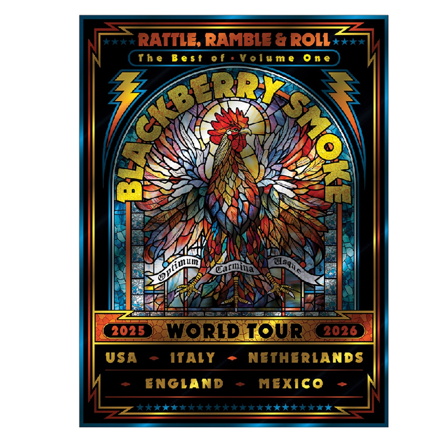 Blackberry Smoke concert poster with colorful rooster design and tour information.