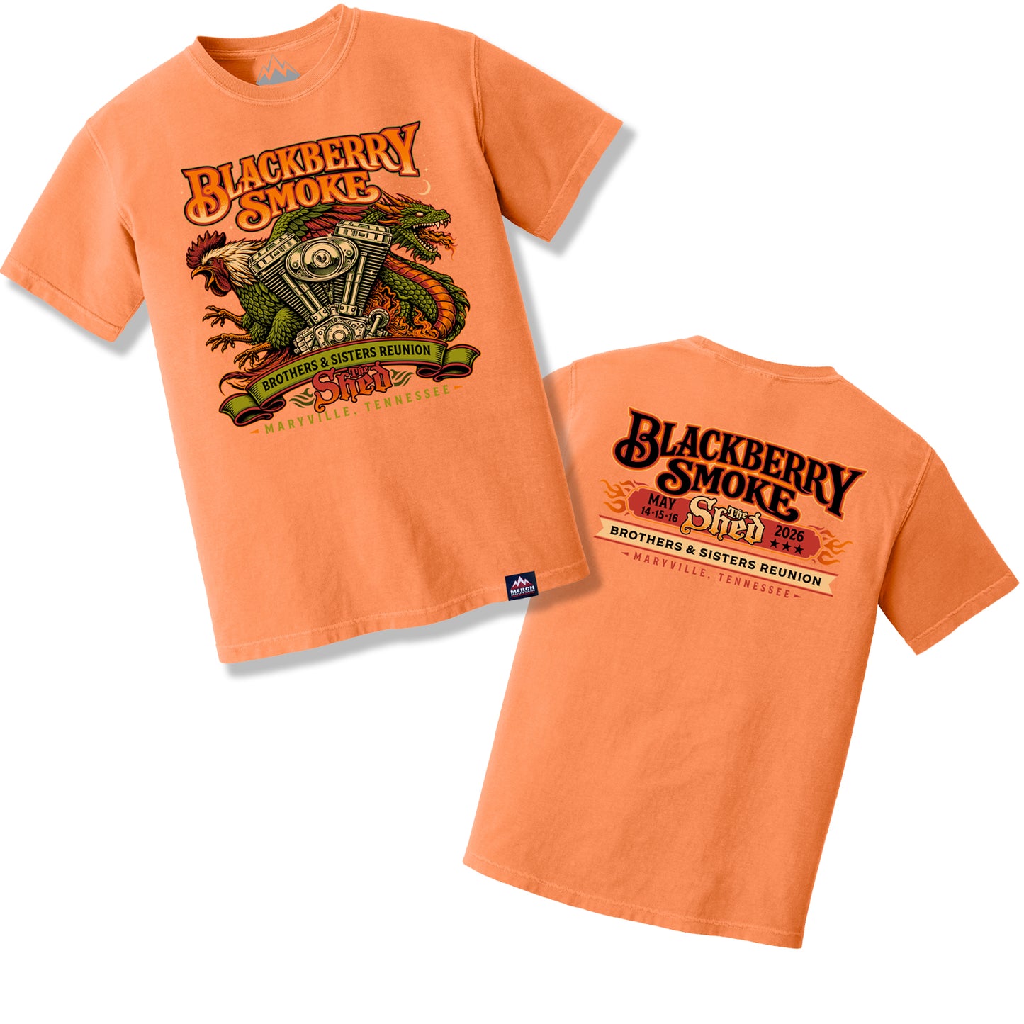 Orange t-shirt with 'Blackberry Smoke' graphic design on a white background
