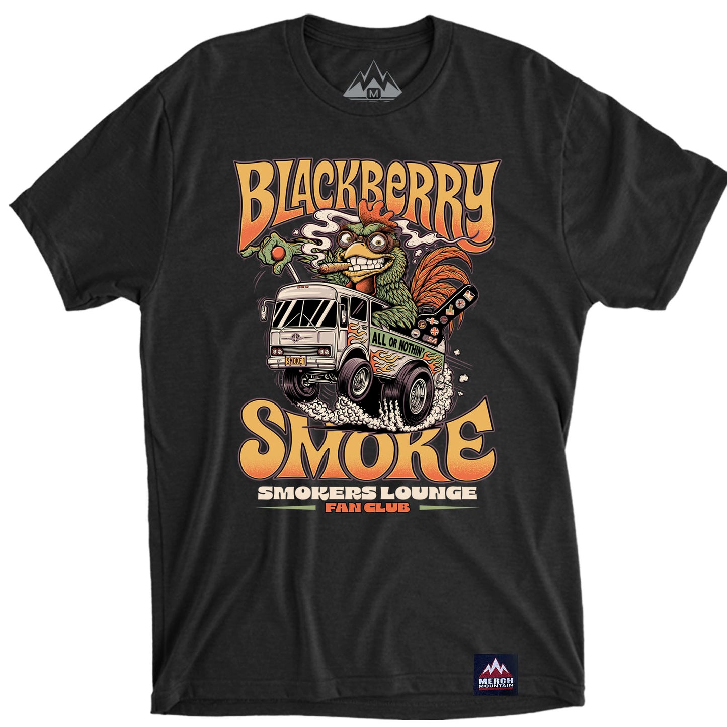 Black t-shirt with a graphic design featuring a truck and text on a white background