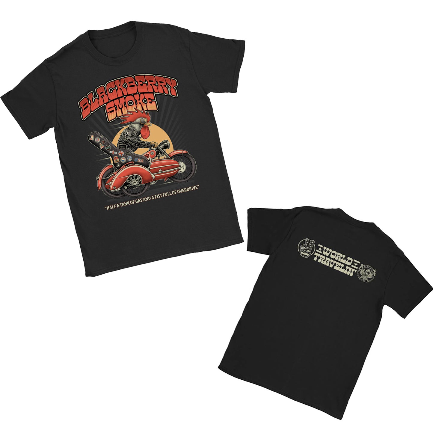 Black t-shirt with motorcycle graphic and text on front and back, on a white background Blackberry Smoke