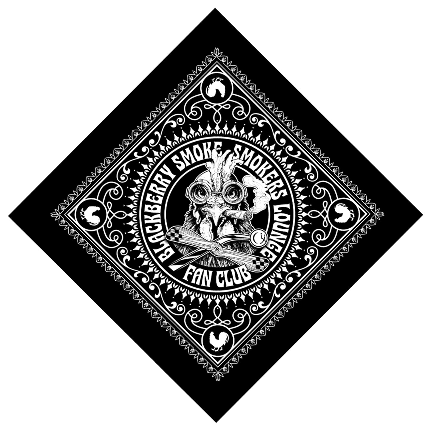 Black bandana with white text and graphics, including a skull, floral patterns, and decorative borders.