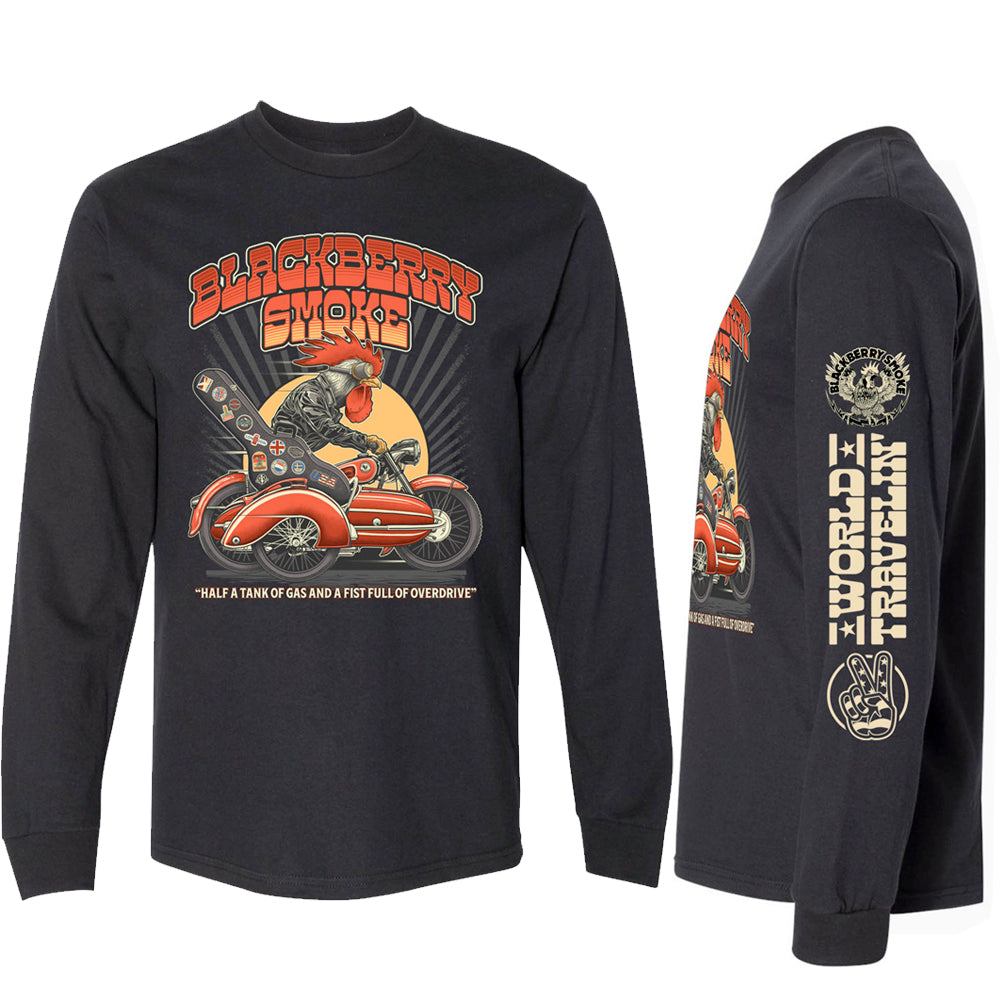 A long sleeve black t-shirt with a graphic print of a motorcycle and the text 'Blackberry Smoke'. There is an additional graphic on the sleeve showing a globe with 'World Travelin''.