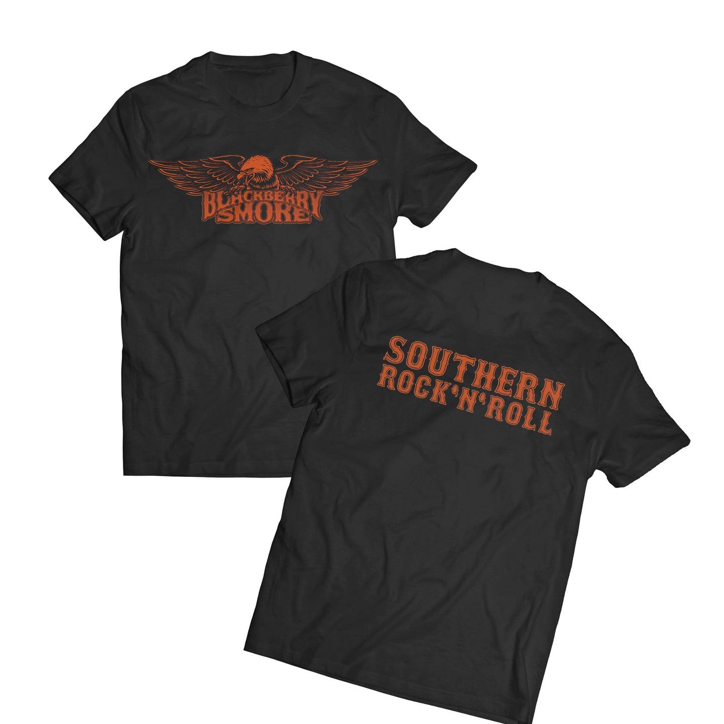 Two black crew neck t-shirts, one with an eagle logo and text 'Blackberry Smoke' on the front, and the other with the text 'SOUTHERN ROCK'N'ROLL' on the back.