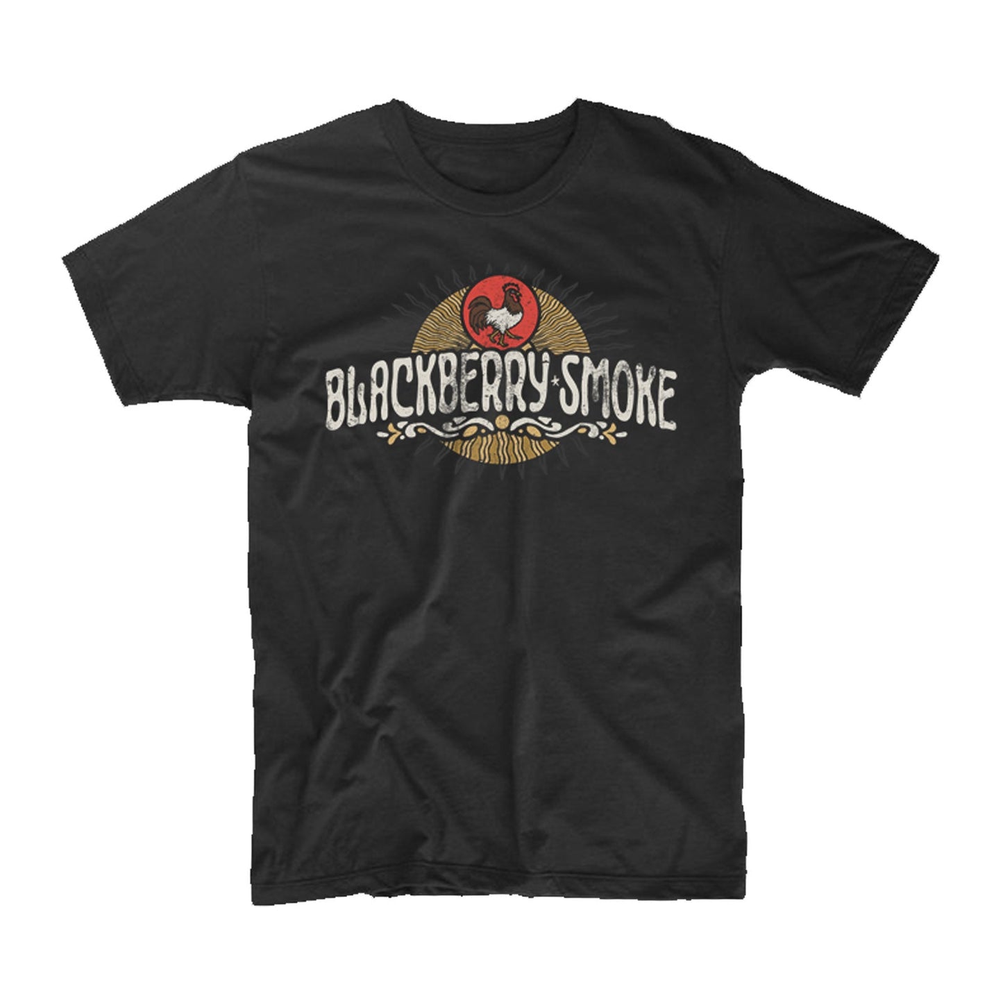Black t-shirt with 'Blackberry Smoke' text and a rooster logo in the center.