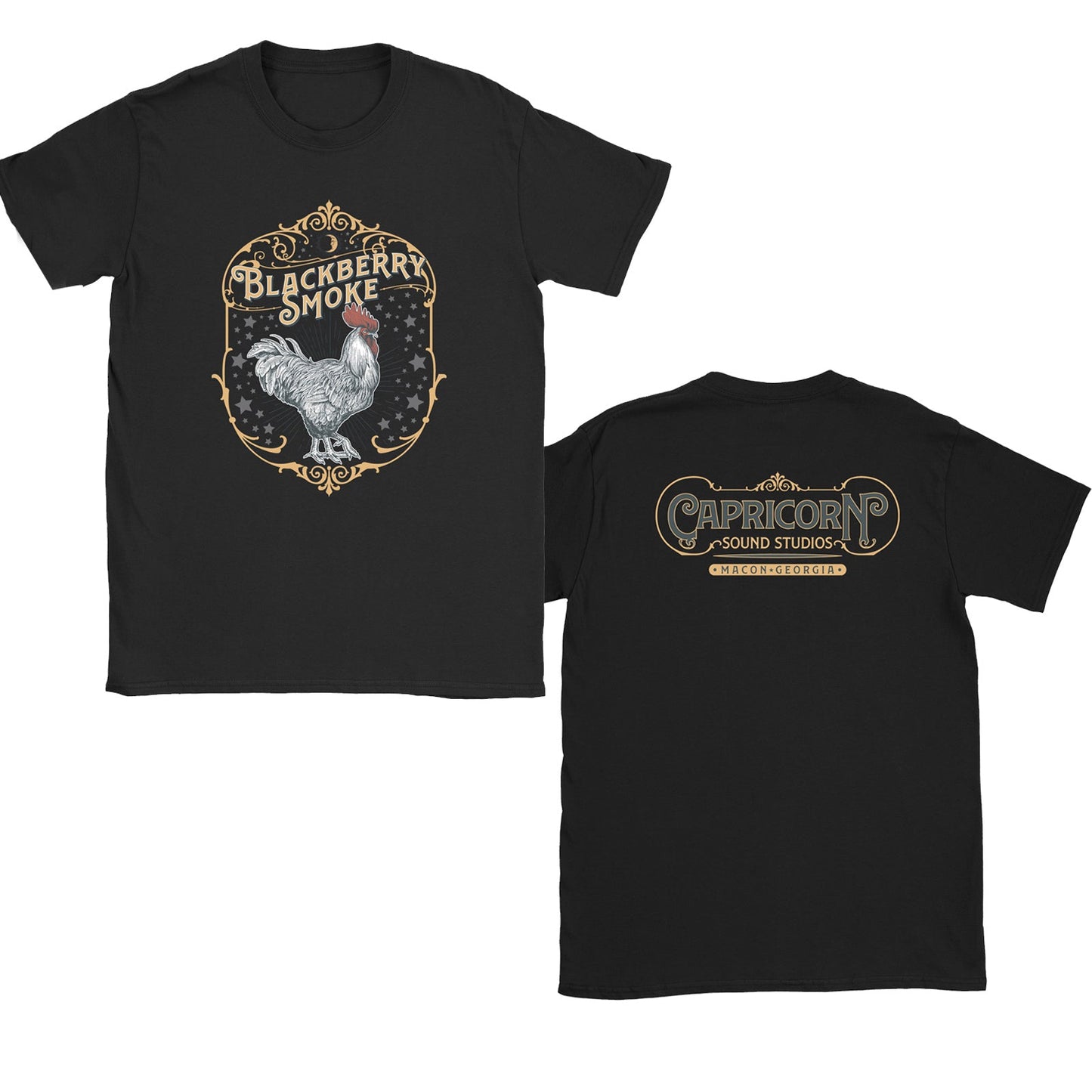 Front and back view of a black crew neck t-shirt with 'Blackberry Smoke' and 'Capricorn Sound Studios' text and logo on the front.