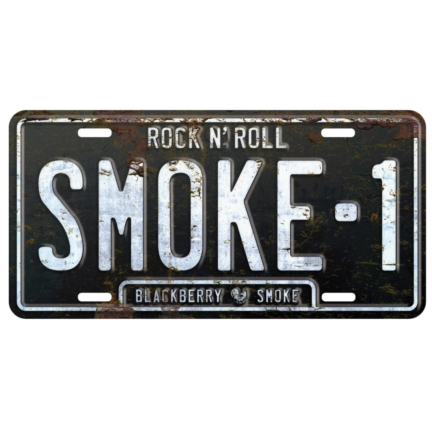 A metal license plate with embossed text that reads 'ROCK N' ROLL SMOKE-1' with a logo at the bottom.