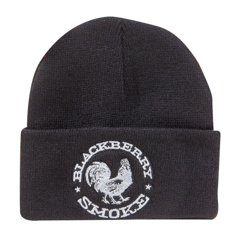 A black beanie-style ski hat with a silver embroidered rooster and the text 'Blackberry Smoke' below it.
