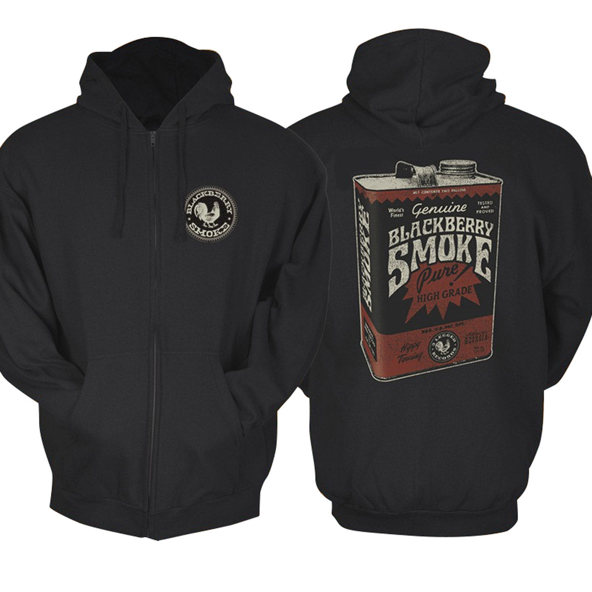 Black hoodie with a graphic print on the front and back, featuring text and a logo.