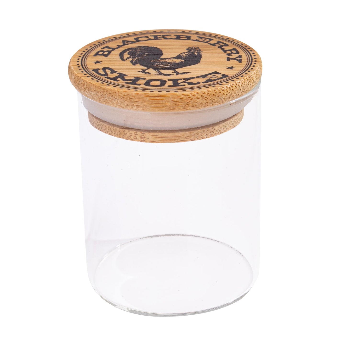 A clear glass stash jar with a bamboo lid, featuring a rooster design, part of the Blackberry Smoke collection.