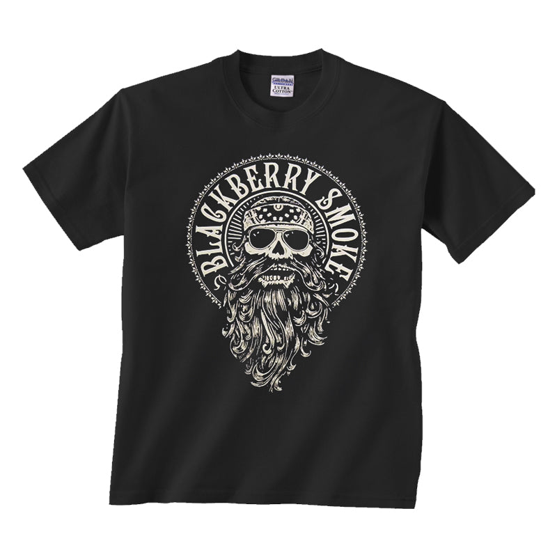 Black crew neck t-shirt with 'Blackberry Smoke' text and a graphic of a bearded skull in white.