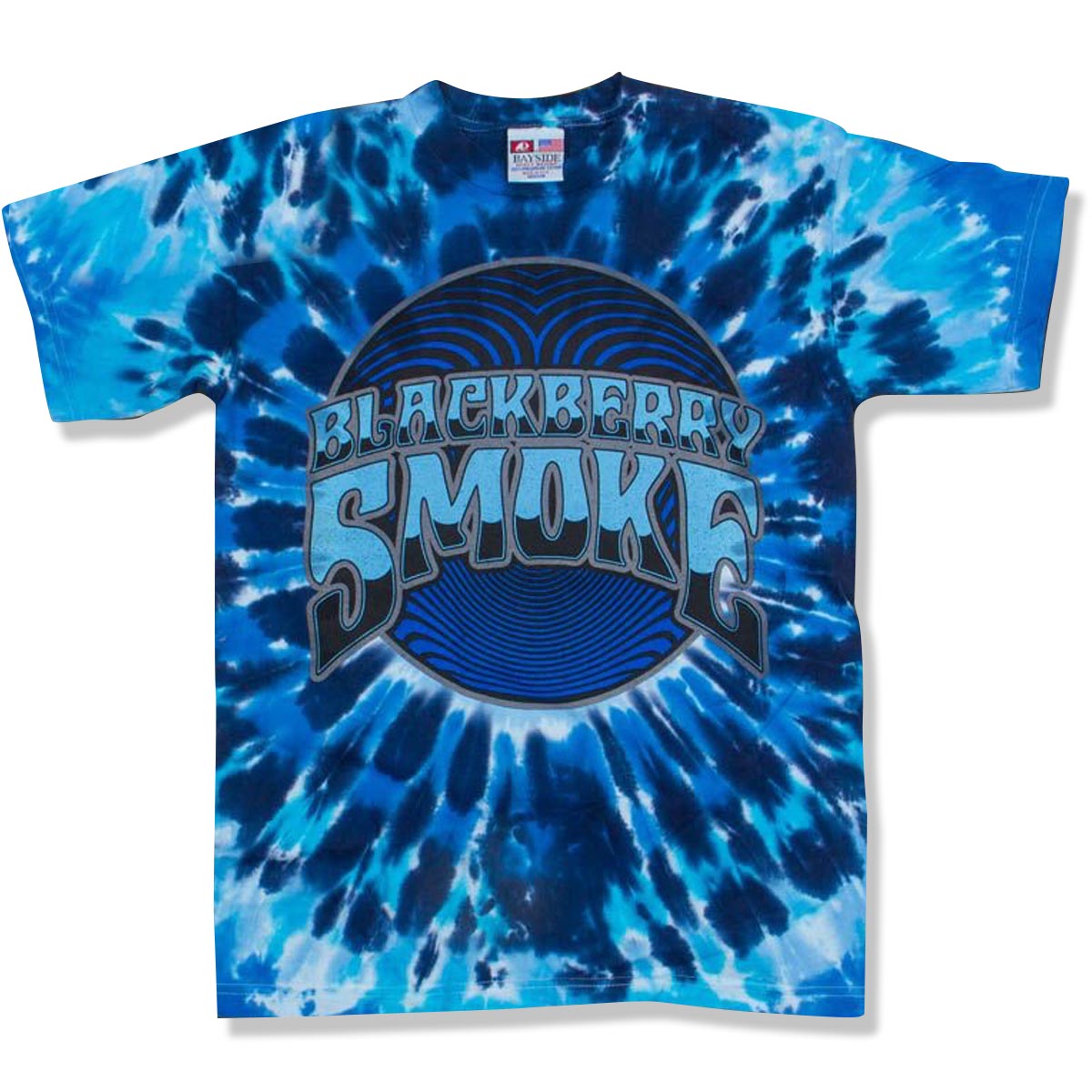 A blue tie-dye t-shirt with the text 'Blackberry Smoke' printed across the front.