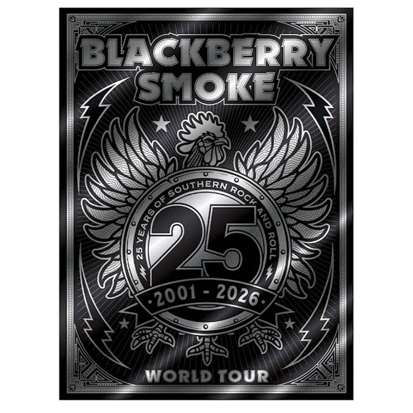Blackberry Smoke 25th anniversary world tour poster with rooster and wings design.