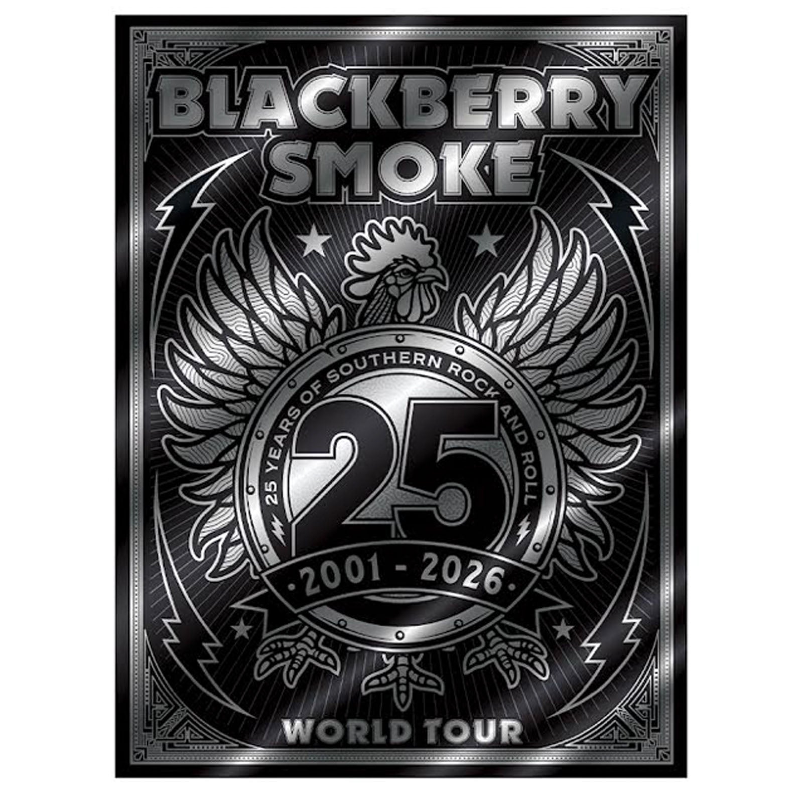 Blackberry Smoke 25th anniversary world tour poster with rooster and wings design.