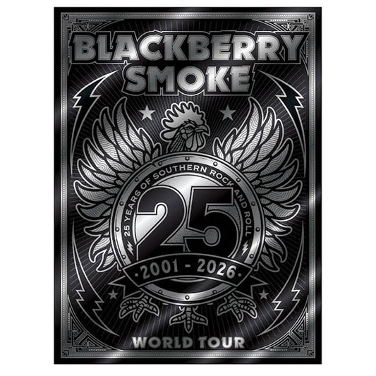 Blackberry Smoke 25th anniversary world tour poster with rooster and wings design.