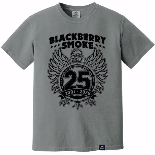 Gray t-shirt with Blackberry Smoke 25th anniversary design on a white background