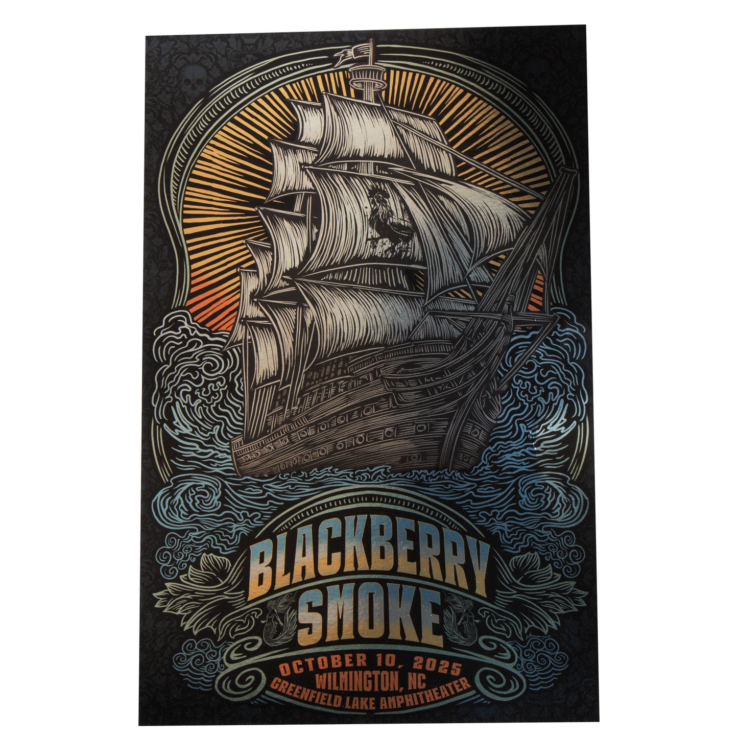 Poster with a ship illustration and 'Blackberry Smoke' text on a dark background