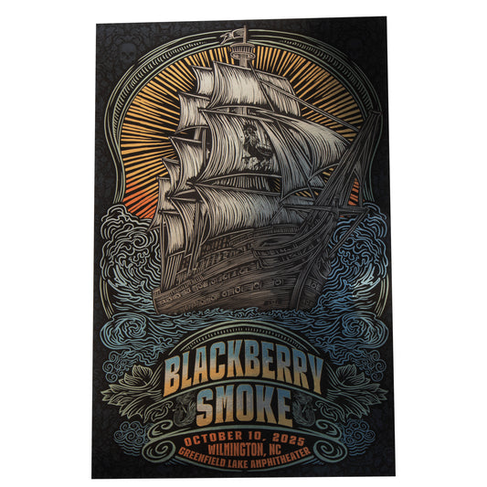 Poster with a ship illustration and 'Blackberry Smoke' text on a dark background
