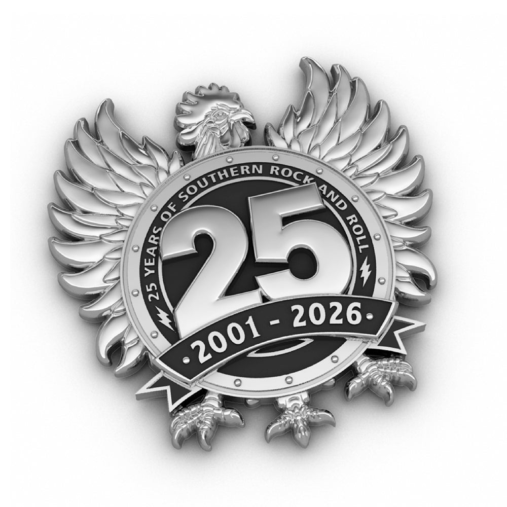 Metallic emblem celebrating 25 years of Southern Rock and Roll with an eagle design on a white background.