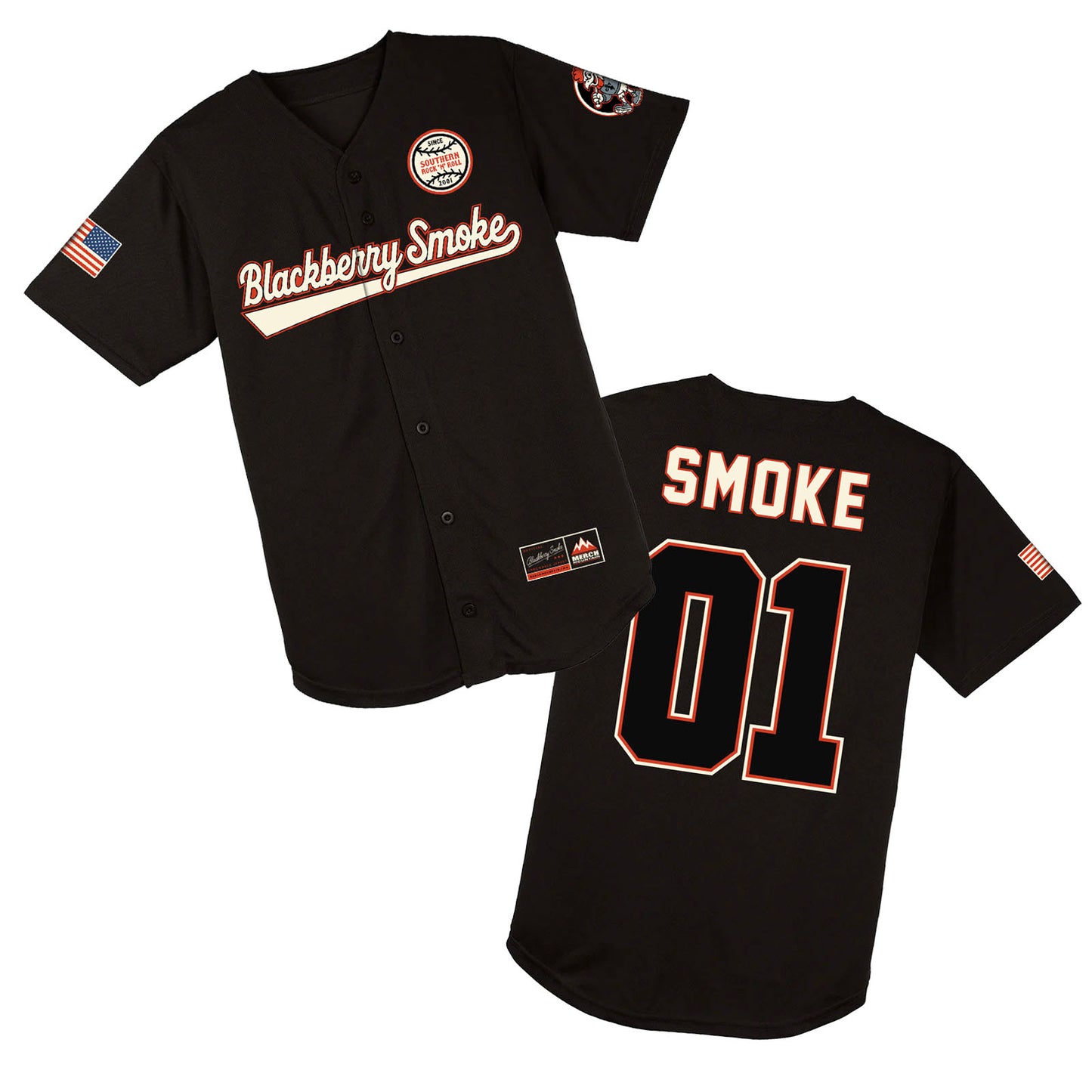 Black baseball jersey with 'Blackberry Smoke' branding on a white background