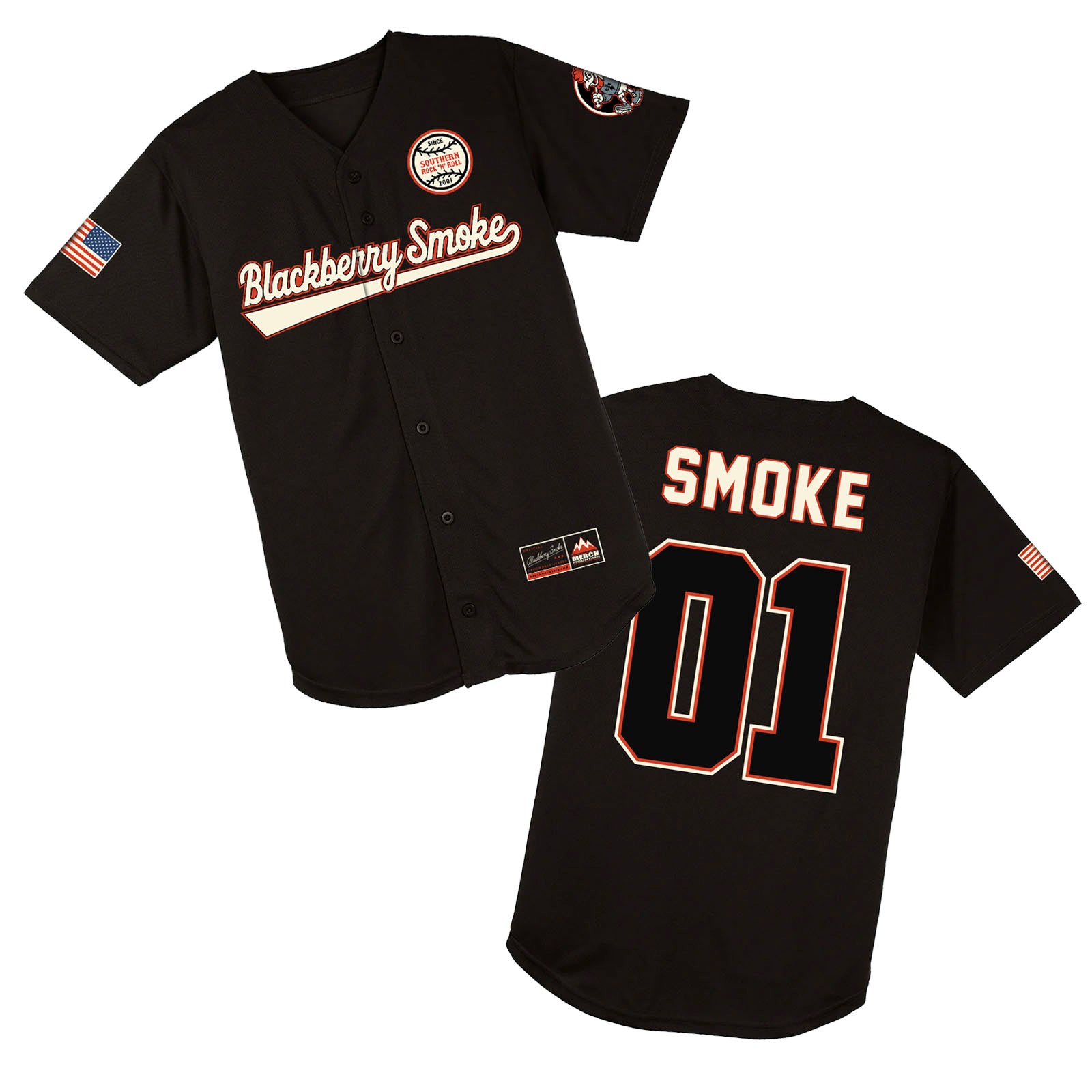 Black baseball jersey with 'Blackberry Smoke' branding on a white background