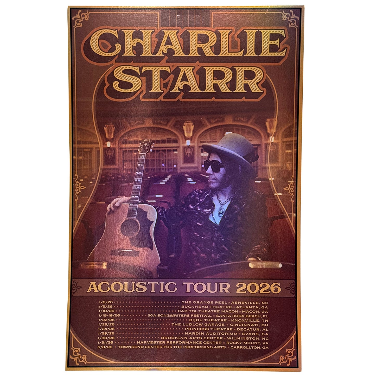 Promotional poster for Charlie Starr's Acoustic Tour 2026 with a musician holding a guitar.