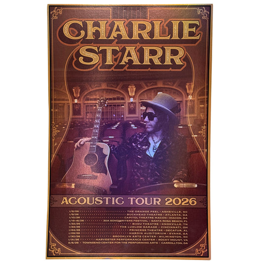 Promotional poster for Charlie Starr's Acoustic Tour 2026 with a musician holding a guitar.