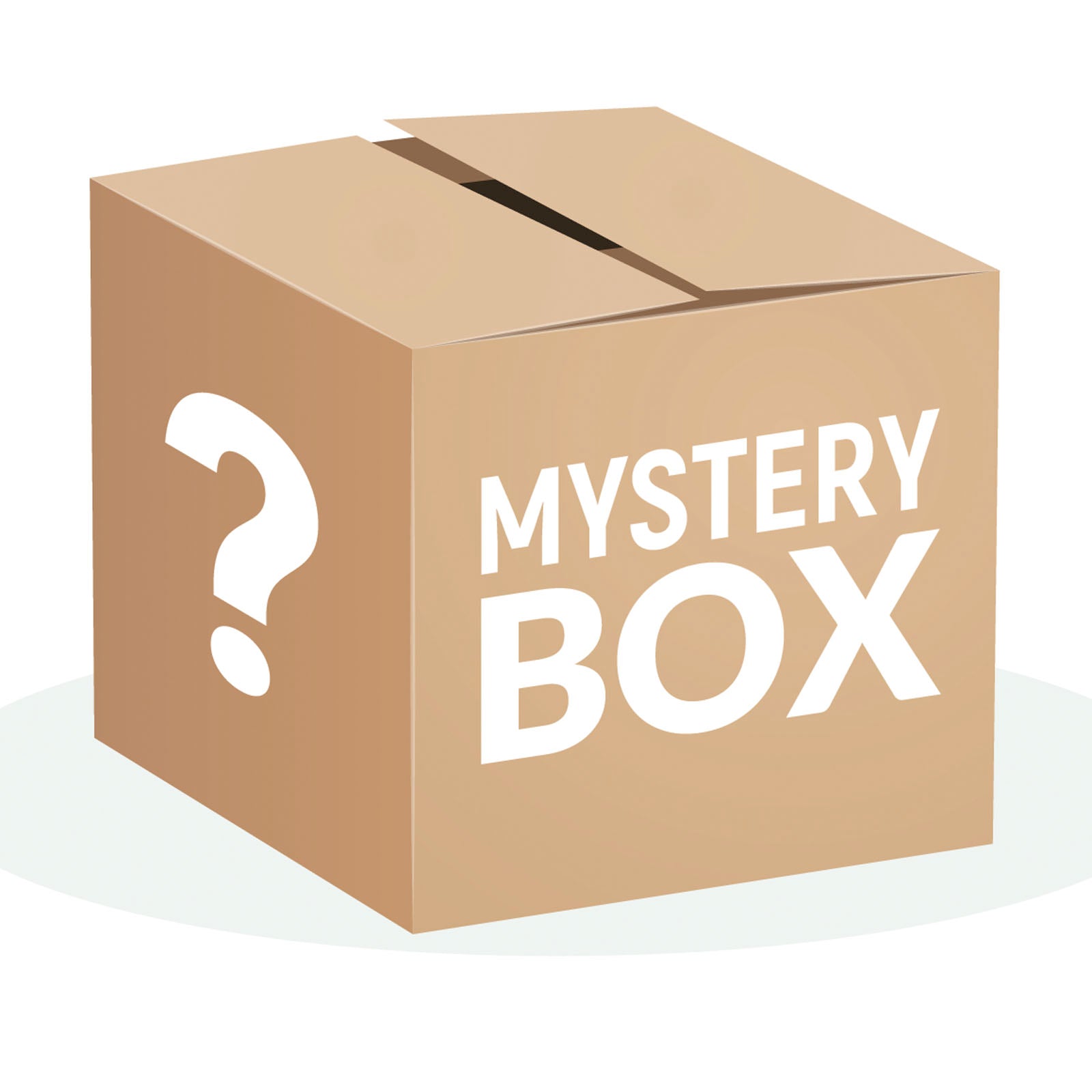 Cardboard box labeled 'Mystery Box' with a question mark on a white background