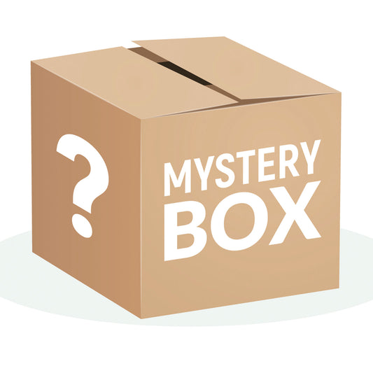 Cardboard box labeled 'Mystery Box' with a question mark on a white background