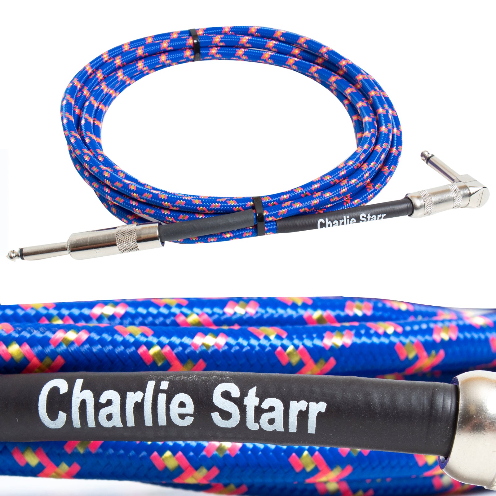 Blue and pink braided guitar cable with 'Charlie Starr' branding on a white background
