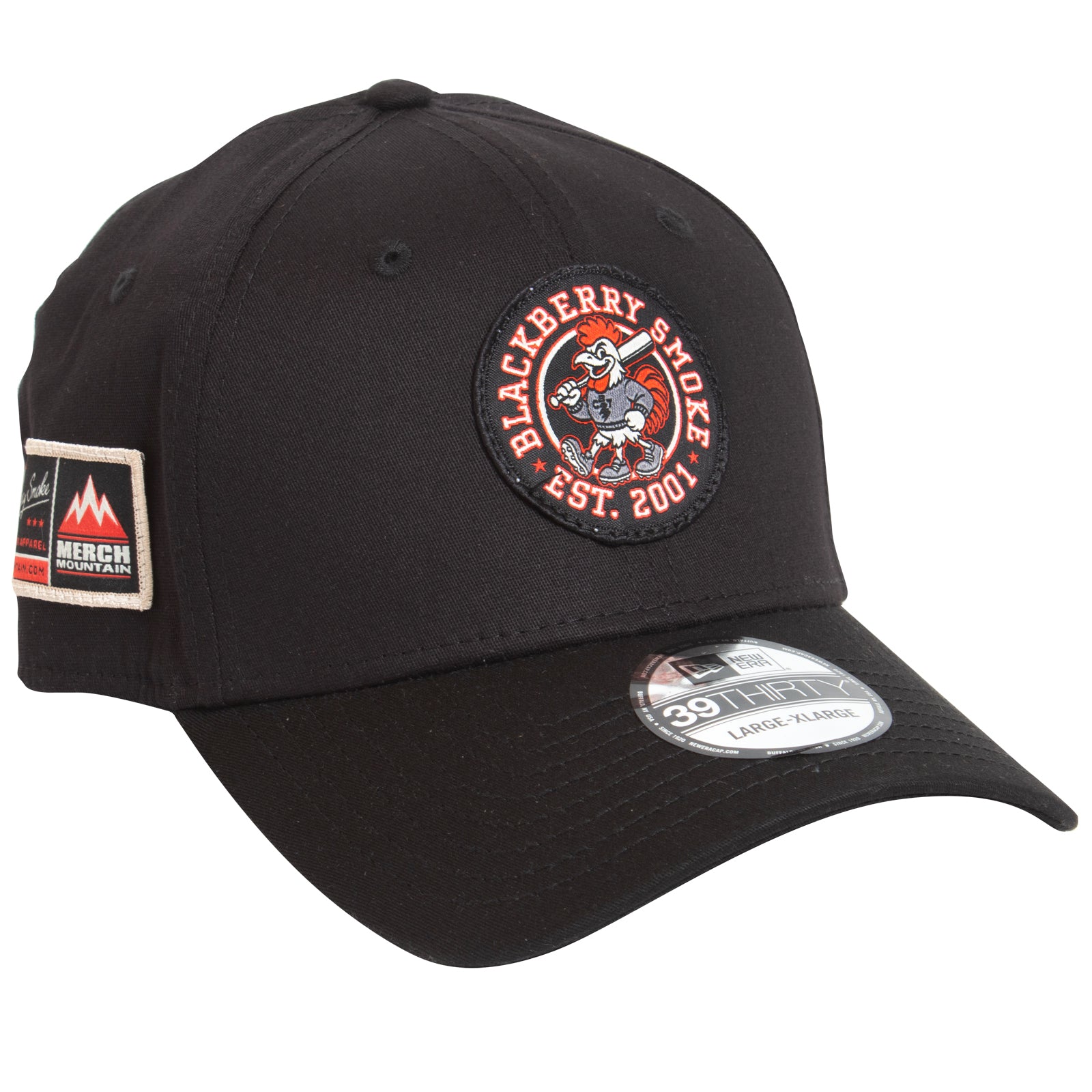Black cap with a logo and patches on a white background