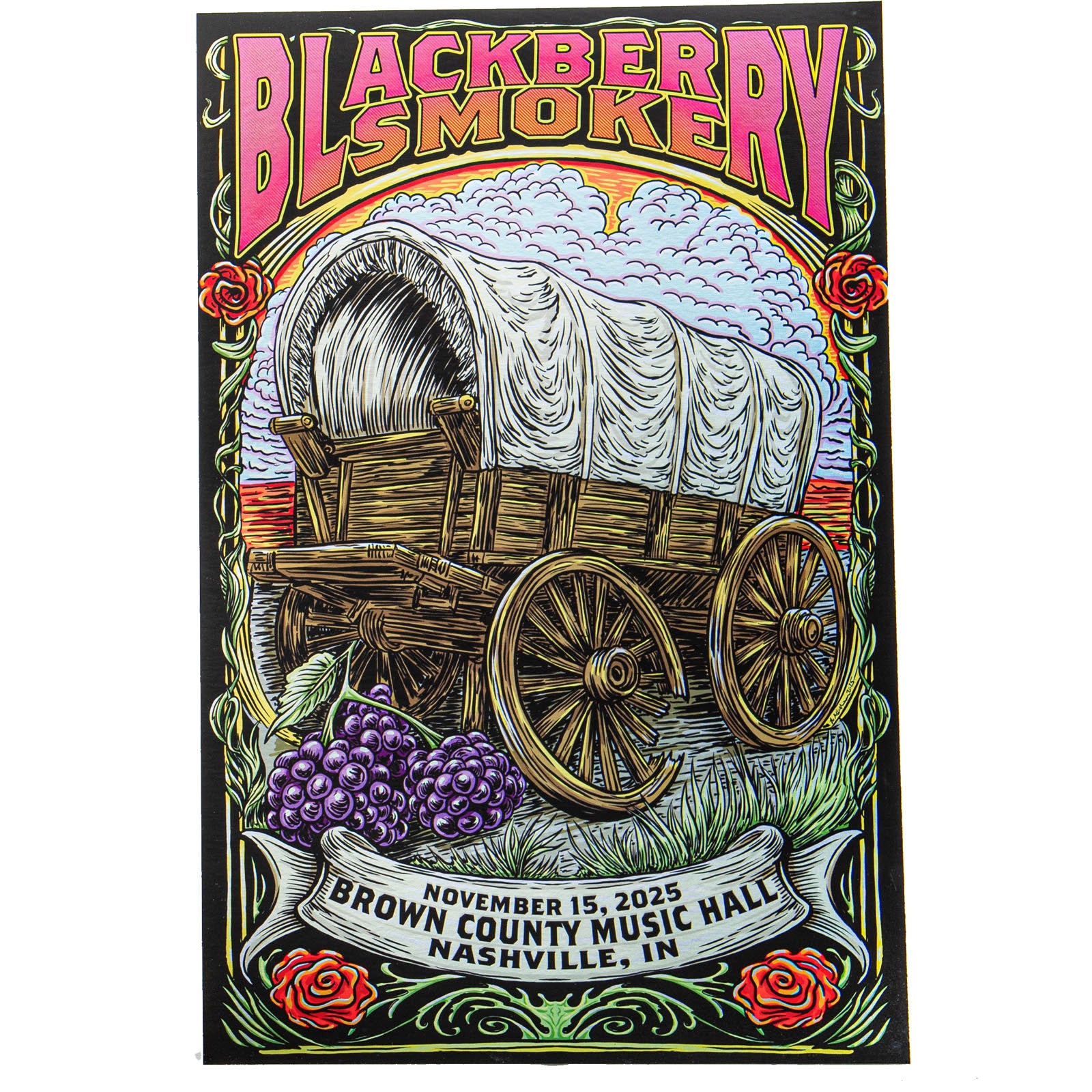 Blackberry Smoke concert poster with a wagon and decorative elements
