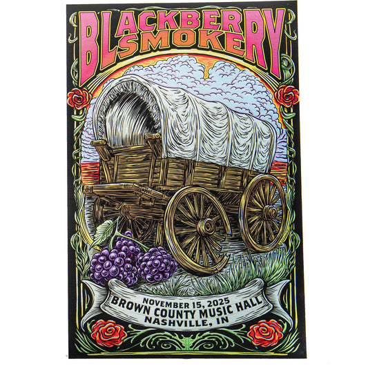 Blackberry Smoke concert poster with a wagon and decorative elements