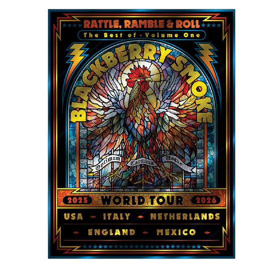 Blackberry Smoke concert poster with colorful rooster design and tour information.