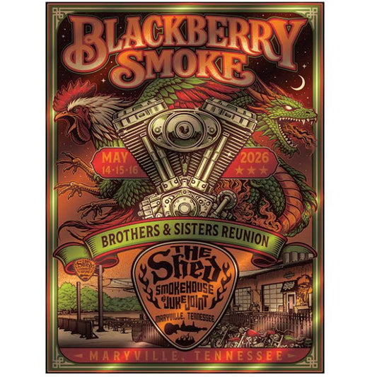 Promotional poster for Blackberry Smoke concert featuring dragons and a guitar pick. 2026 Shed Poster
