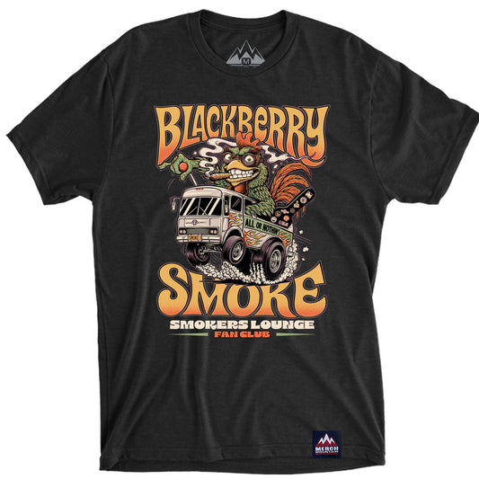 Black t-shirt with a graphic design featuring a truck and text on a white background