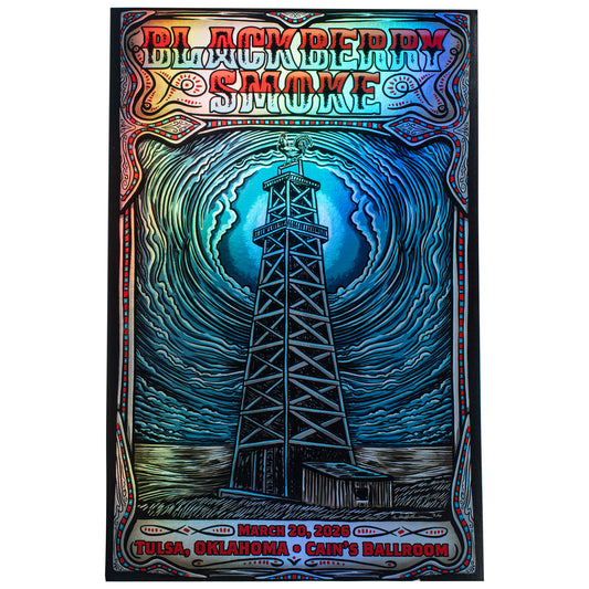 Blackberry Smoke concert poster with a tower illustration and colorful text