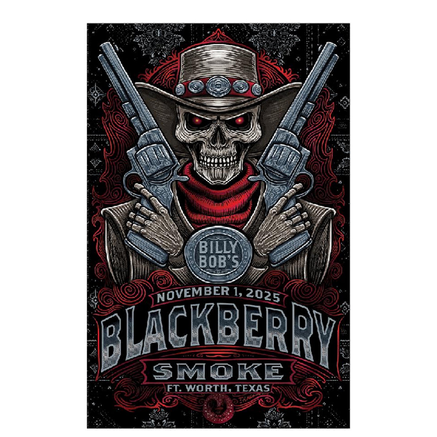 Promotional poster for Blackberry Smoke concert featuring a skeleton in a cowboy hat with revolvers.