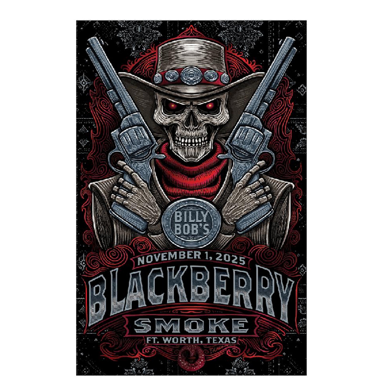 Promotional poster for Blackberry Smoke concert featuring a skeleton in a cowboy hat with revolvers.