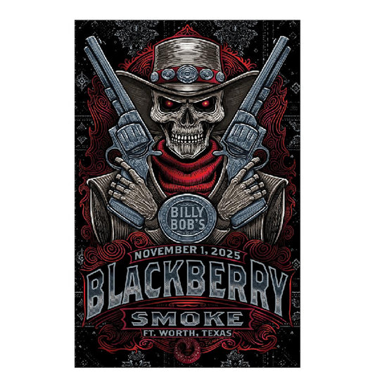 Promotional poster for Blackberry Smoke concert featuring a skeleton in a cowboy hat with revolvers.
