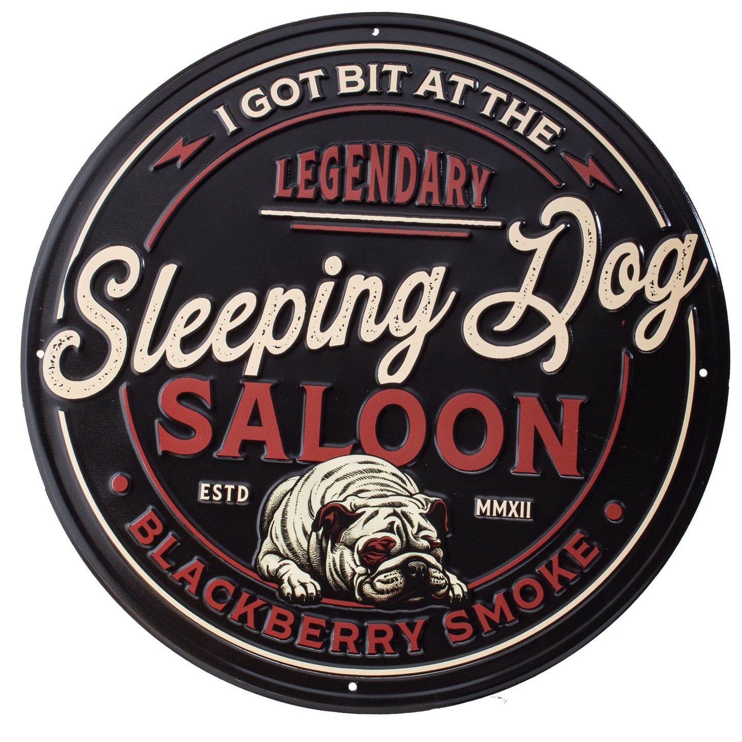 Sleeping Dog Saloon Metal Embossed Sign
